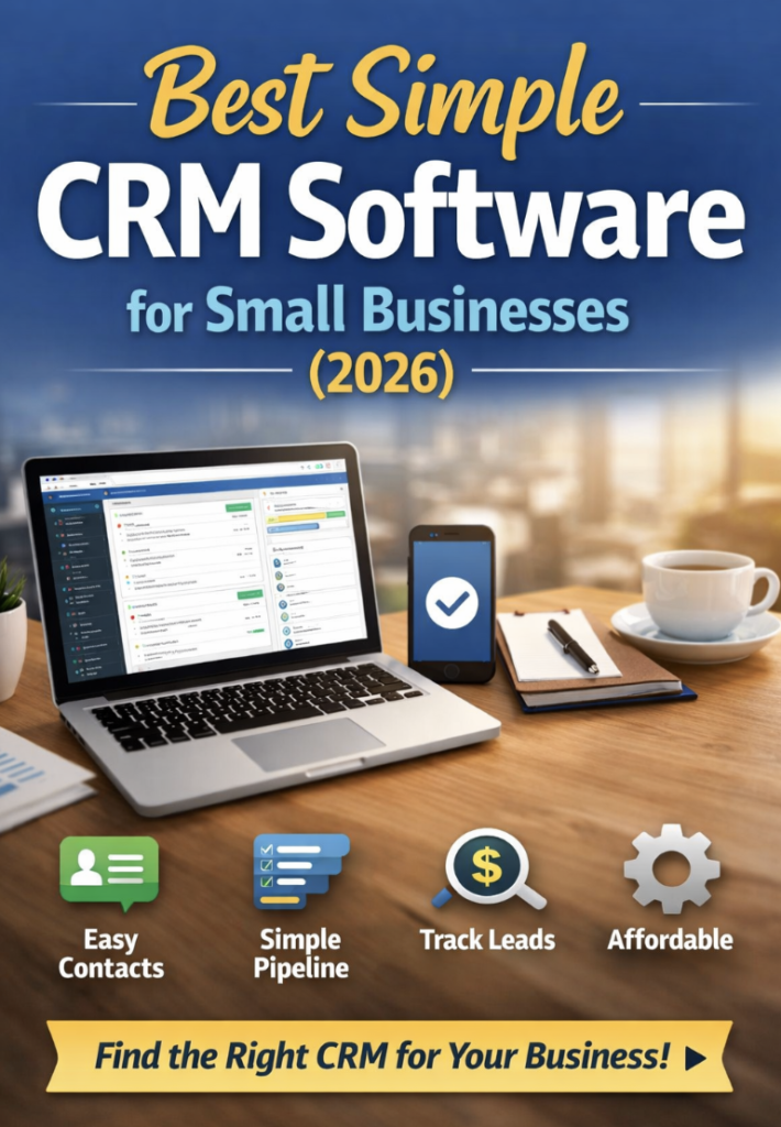 Best simple CRM software for small businesses in 2026 displayed on a modern workspace with laptop and mobile CRM dashboard