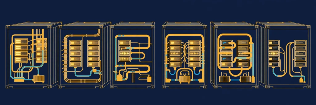 Illustration of modular AI factory containers with server racks, cabling and cooling pipes in navy and gold